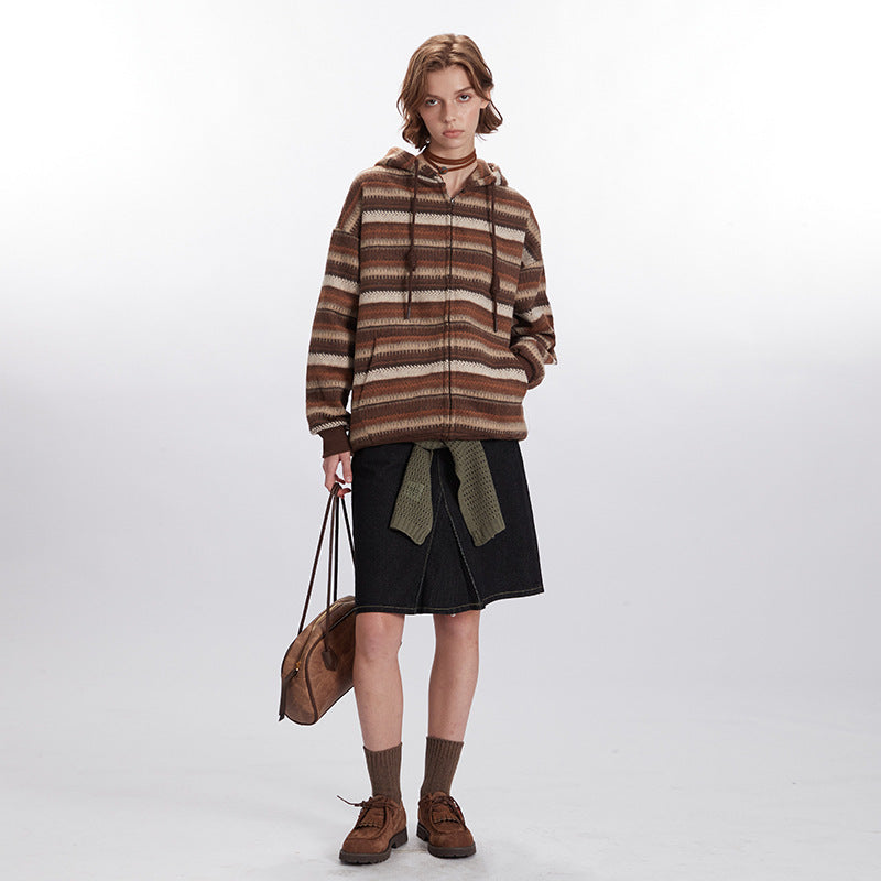 Nariele Retro Stripes Lazy Style Sweater Loose Long Sleeve Knitted Wear Zipper Cardigan