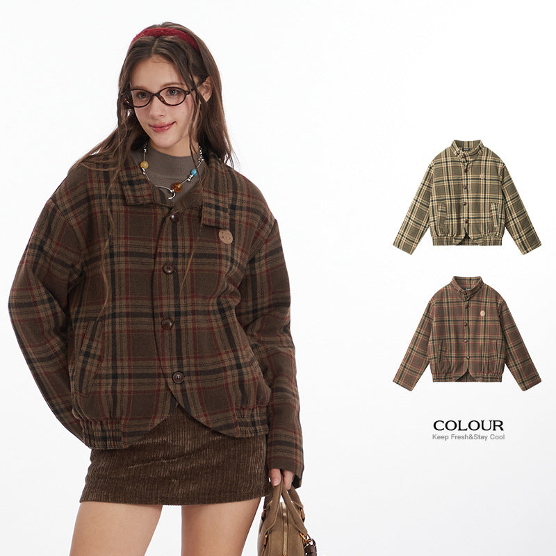 Nariele Y2K retro plaid Stand Neck Winter Slim short cotton jacket