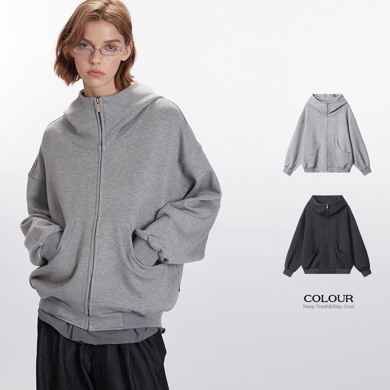 Nariele Retro Style Heavy Hoodie Trendy Zipper Solid Color Jackets