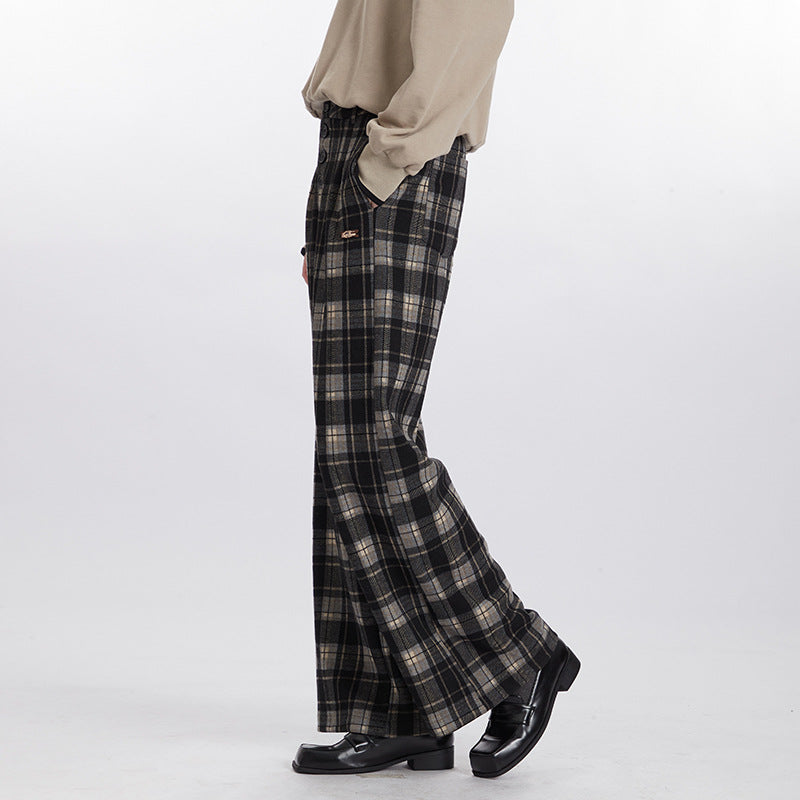 Nariele American Vintage Plaid Pants High Waist Wide Leg Straight Pants
