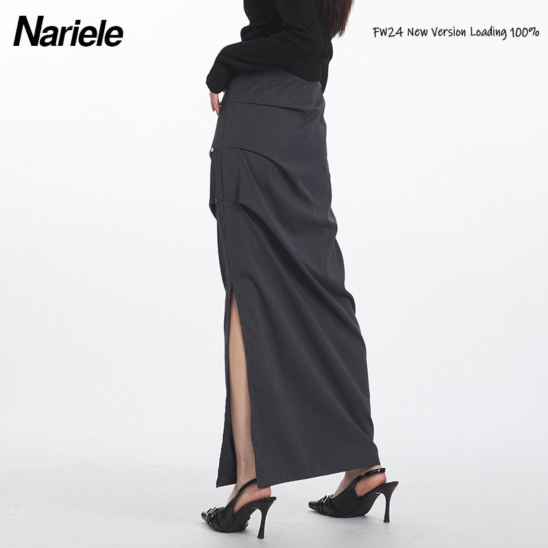 Nariele Retro Ruffle Design Side Slit Midi Long Skirt