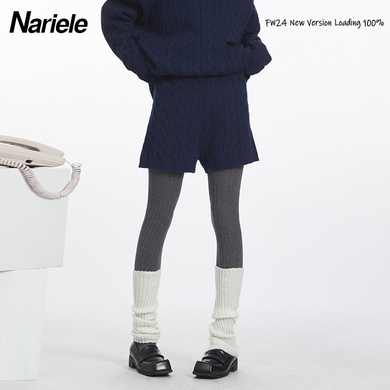 Nariele New Polo Collar Sweater Set Pullover Twist Knitting Shorts Top Set