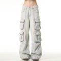 MADWITCH Washed Light Cargo Jeans Loose Multi-pocket Design Pants