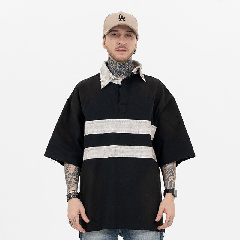 "clearance" FORGIVNESS Distressed Polo Dirty Dye Lapel Silhouette Double Short Sleeve Tee