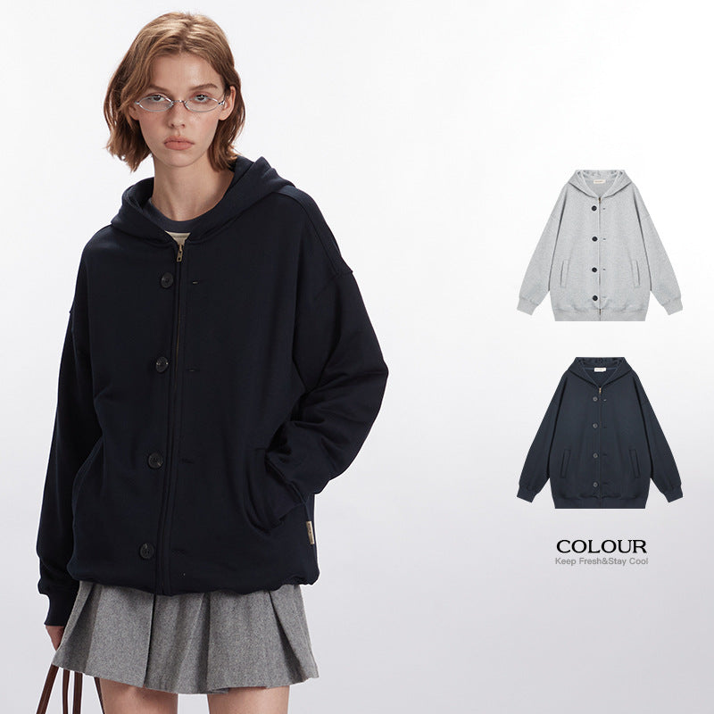 Nariele Retro Style Button Zipper Sweatshirt Loose Unisex Hoodie Jacket
