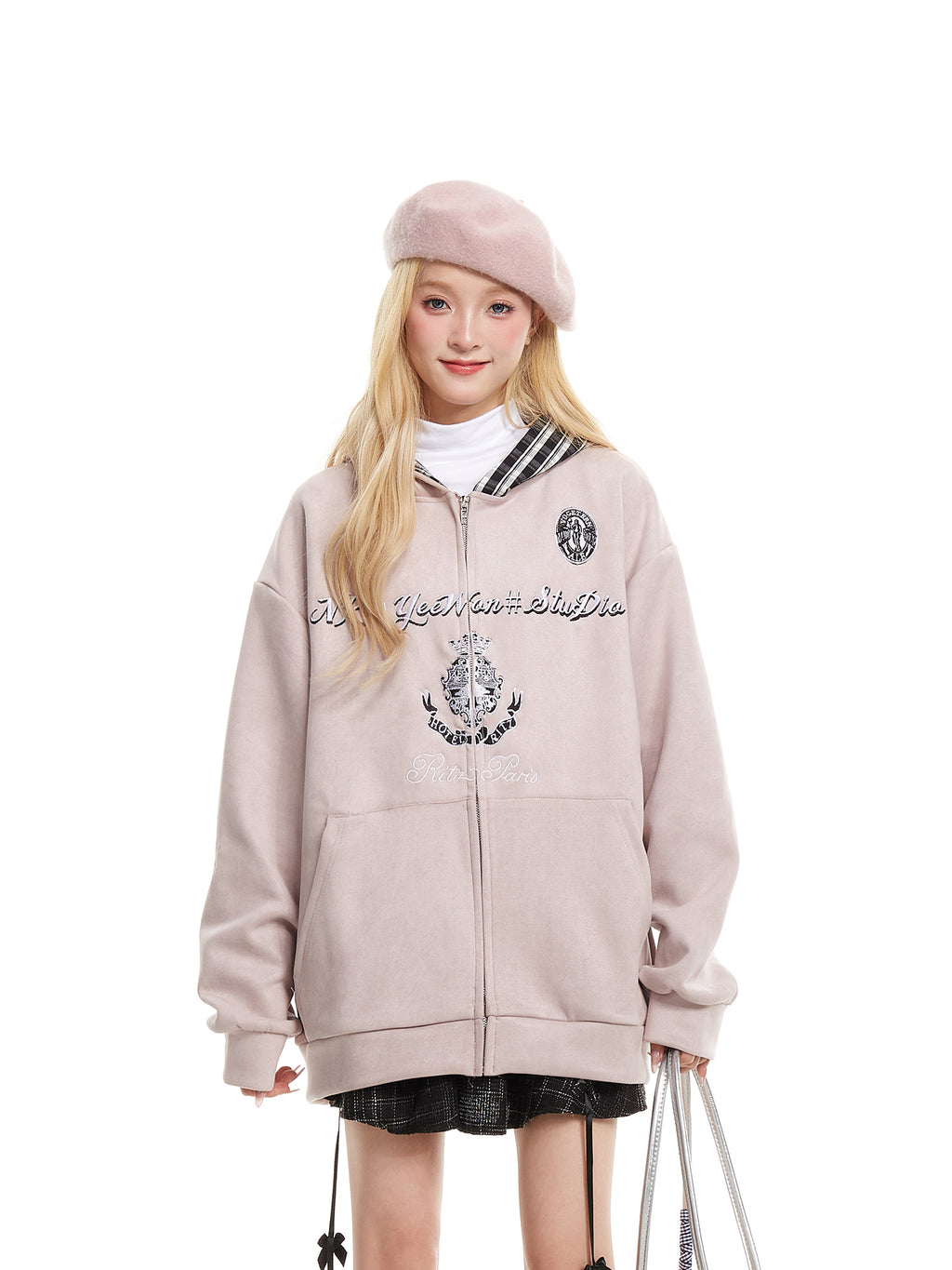 NERESUM retro plaid patchwork suede hoodie cardigan sweatshirt design oversize coat