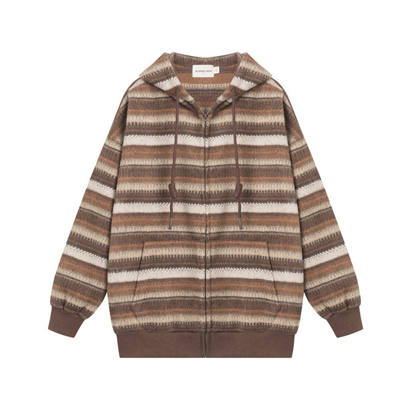 Nariele Retro Stripes Lazy Style Sweater Loose Long Sleeve Knitted Wear Zipper Cardigan