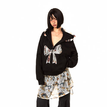 BLACKBB Lace Bow Panelled Cropped Embroidered Zipper Jacket