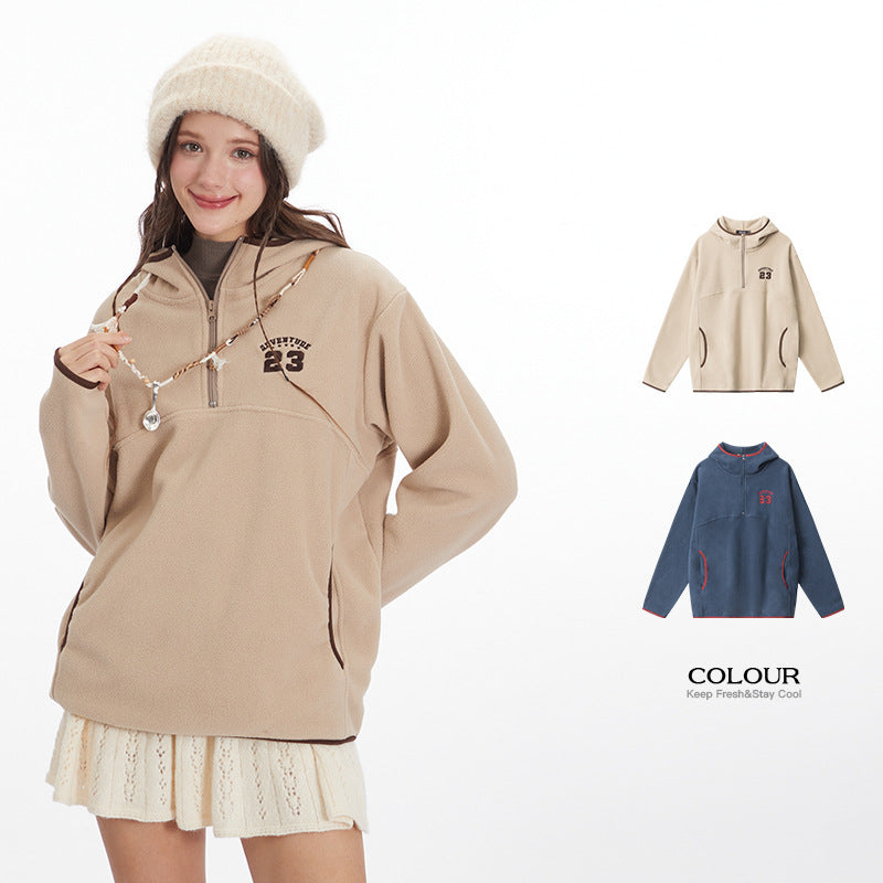 Nariele Letter Embroidery Half Zipper Hoodie Loose Sweatshirt