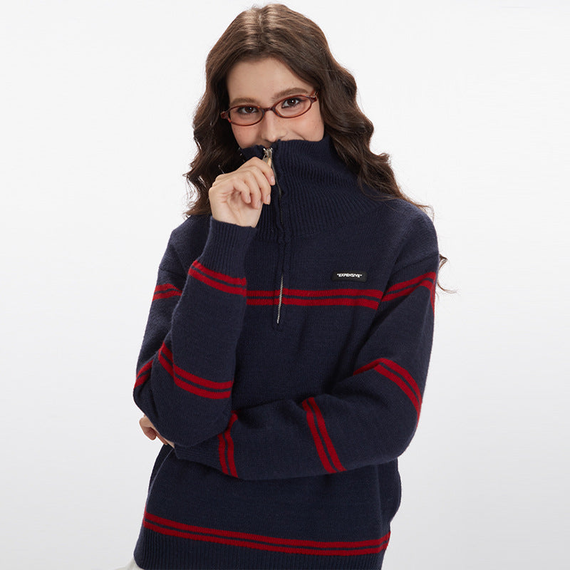 Nariele American Retro Sweater Lazy Loose Pullover Knit Half Zipper Jacket