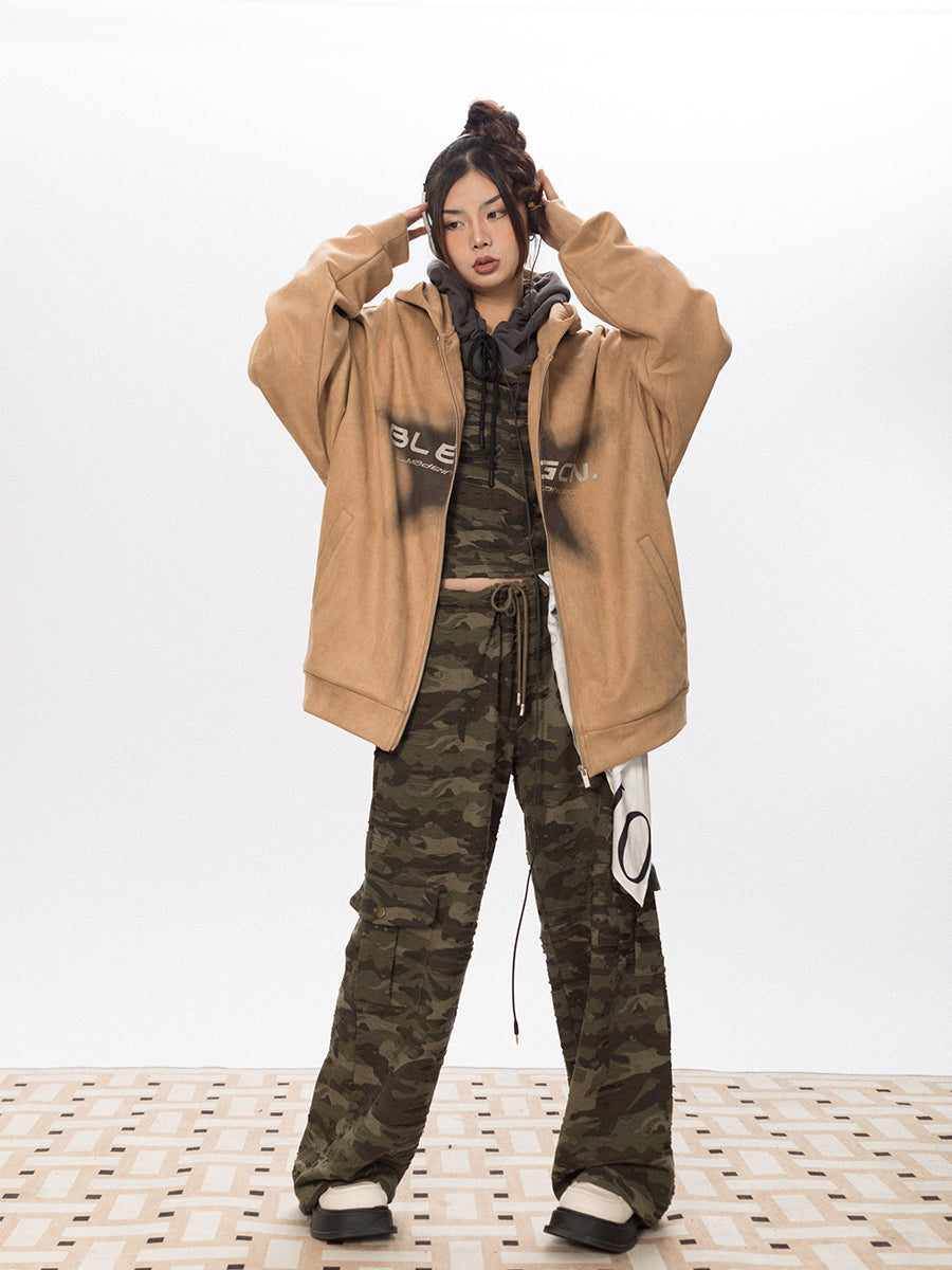 سترة BLACKBB American Vintage Star Print من جلد الغزال بسحاب لأعلى