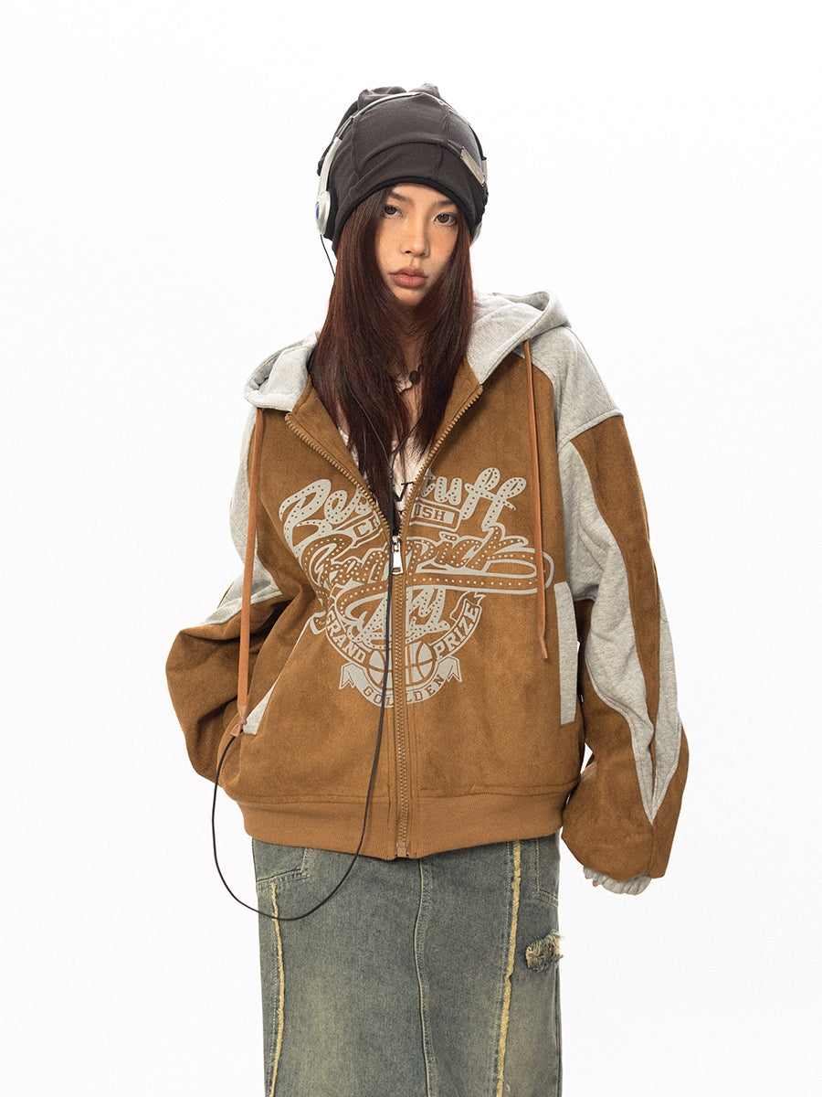 سترة BLACKBB من جلد الغزال المرقعة بغطاء للرأس ومطبوعة بسحاب