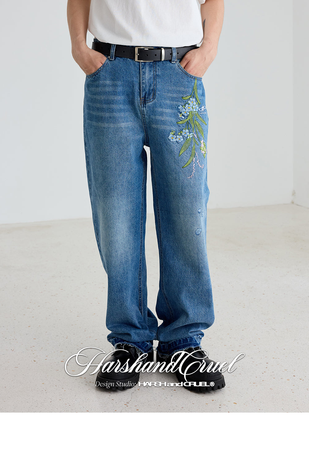 Harshandcruel Cleanfit floral-embroidered wash dehemed jeans