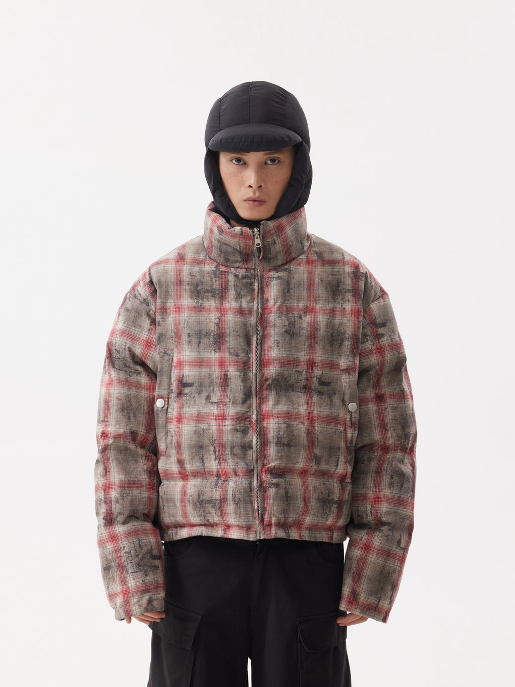 BTSG Reversible Plaid Cropped Puffer Jacket