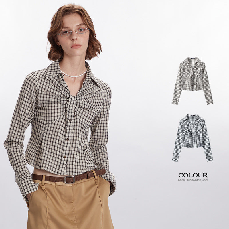 Nariele Plaid Ruffle Design New Shirt Long Sleeve Women's Crop Slim Shirt Girl Style Top