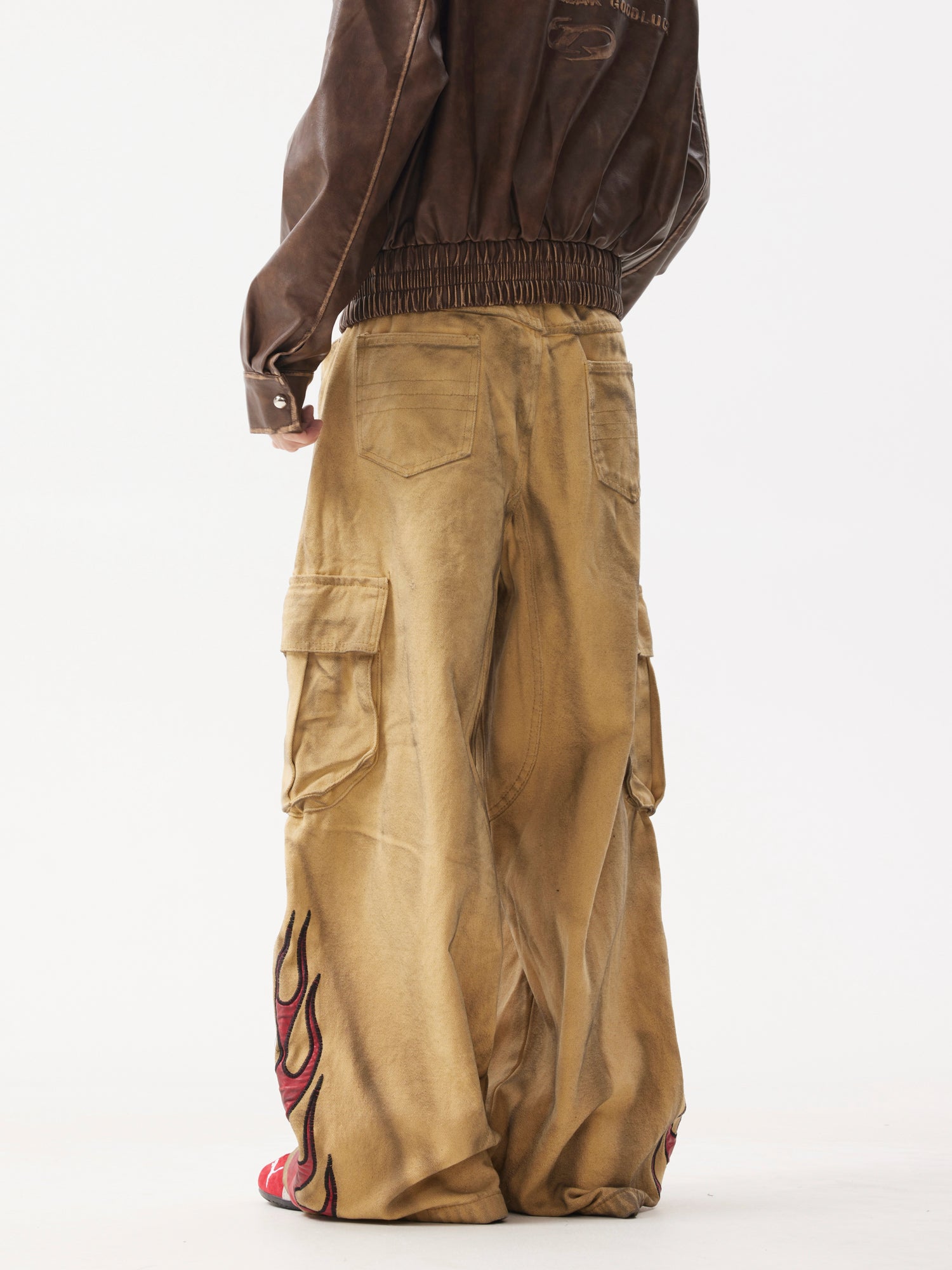 BTSG Leather Flame Embroidery wide-leg dirty jeans