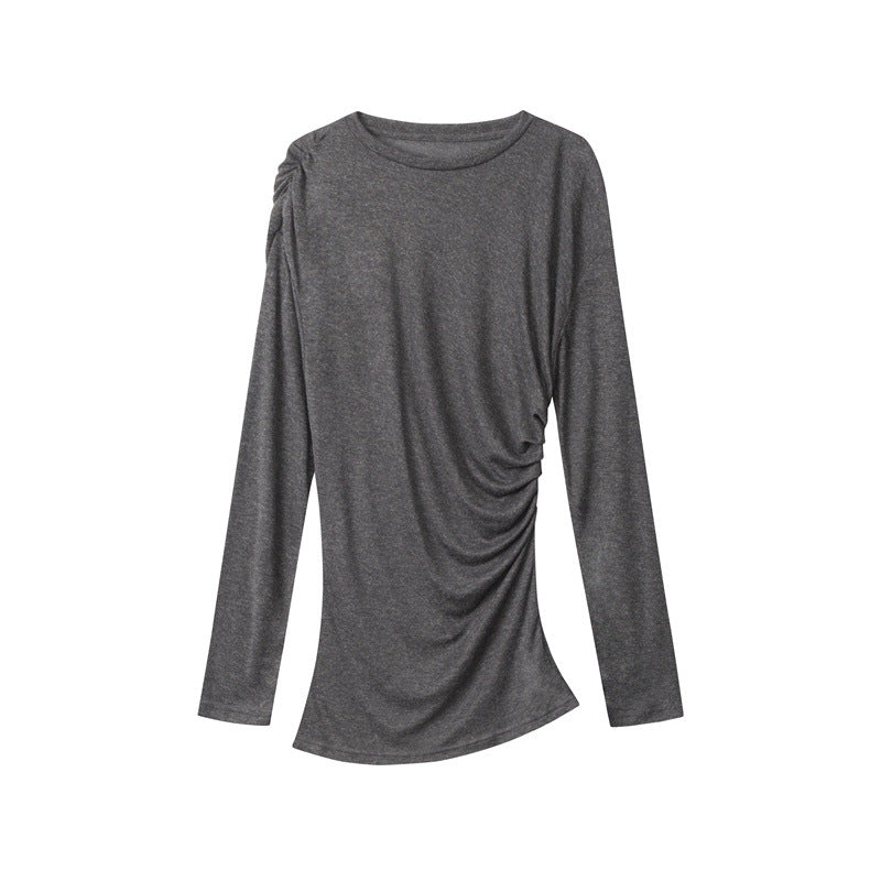 Nariele Ruffle Design Long Sleeve T-Shirt Thin Slim Crew Neck New Top