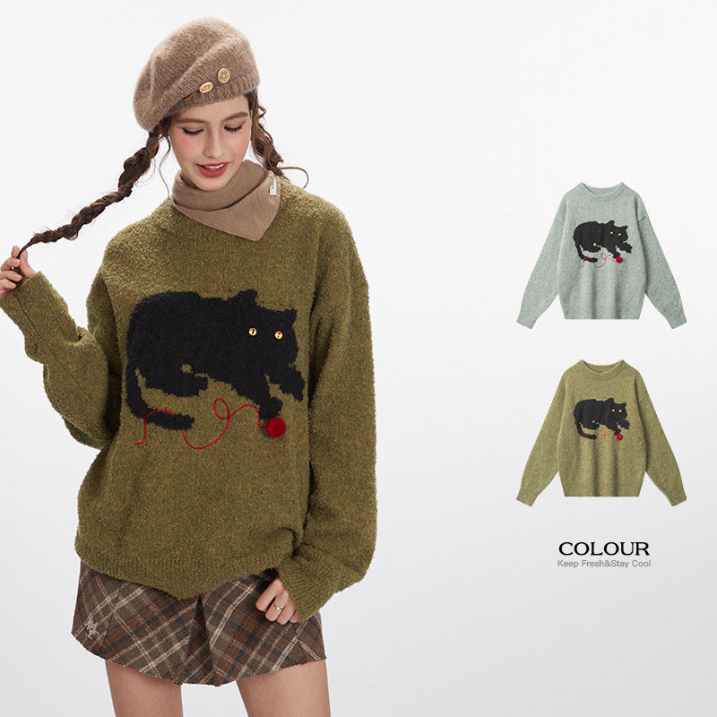 Nariele Cat Sweater Lazy Casual Knitted Loose Retro Crewneck Pullover Sweater
