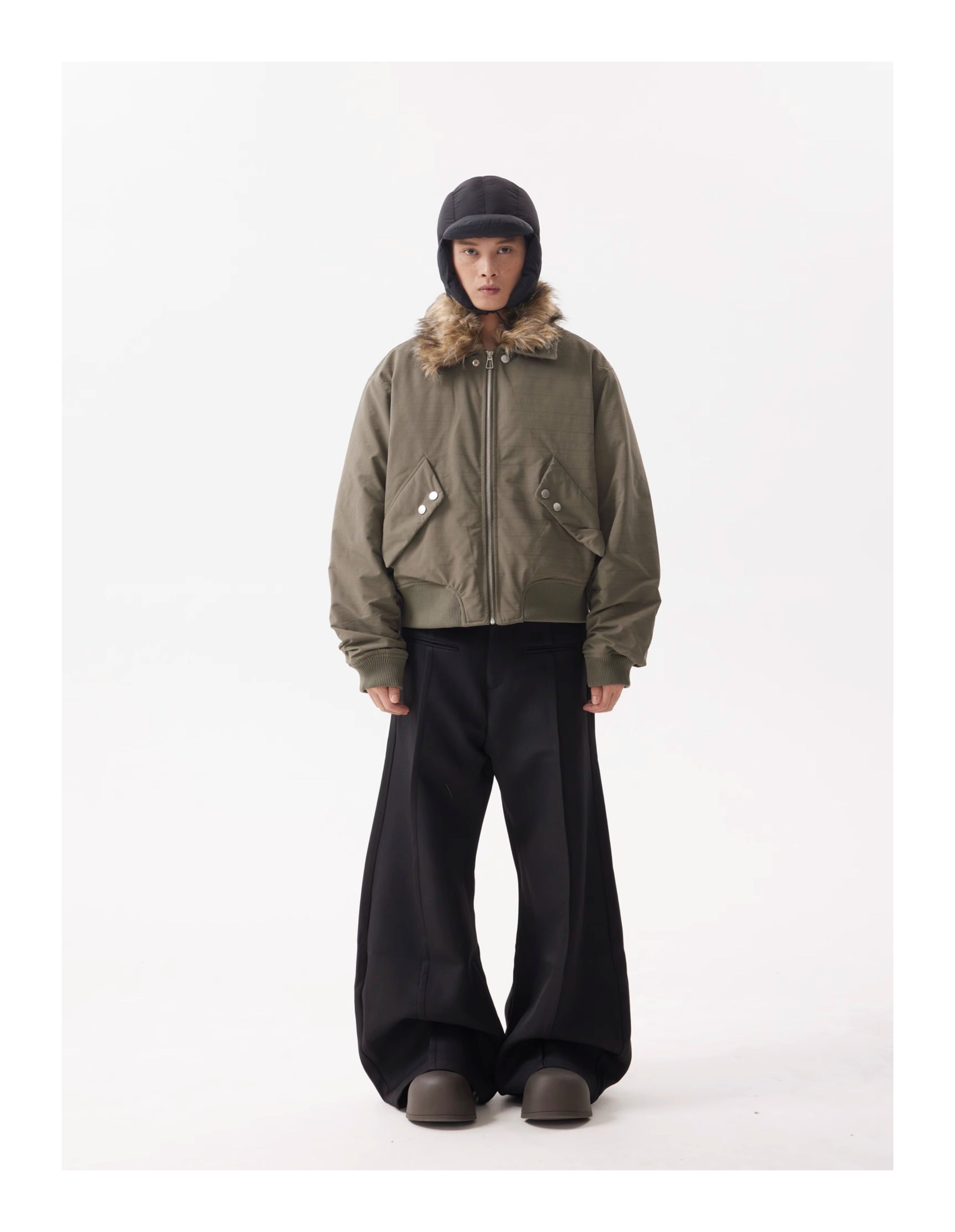 BTSG FUR Detachable Plush Collar Cropped Cargo Jacket