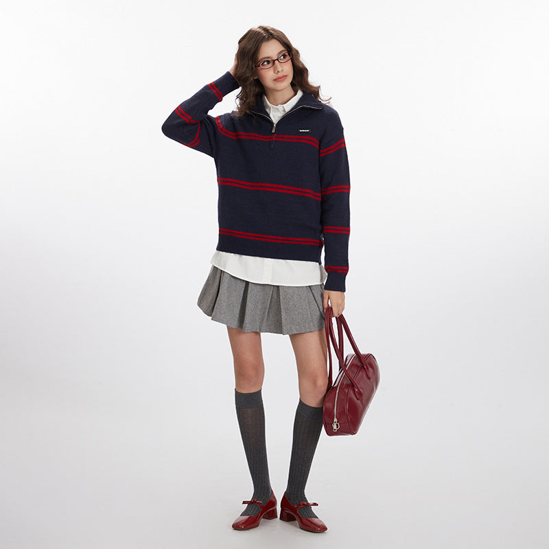 Nariele American Retro Sweater Lazy Loose Pullover Knit Half Zipper Jacket