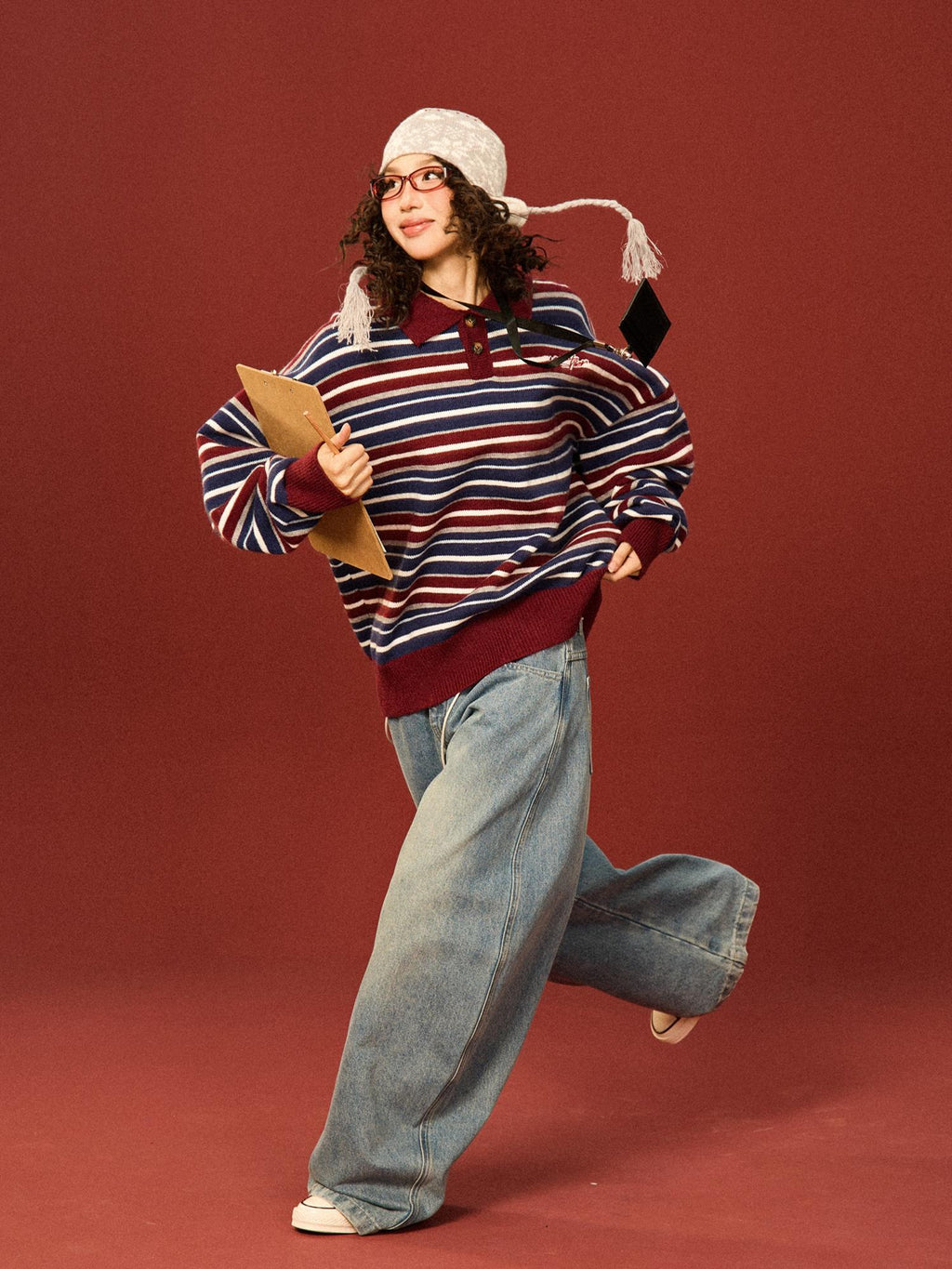 Mershier American Vintage Polo Neck Striped Knit Sweater