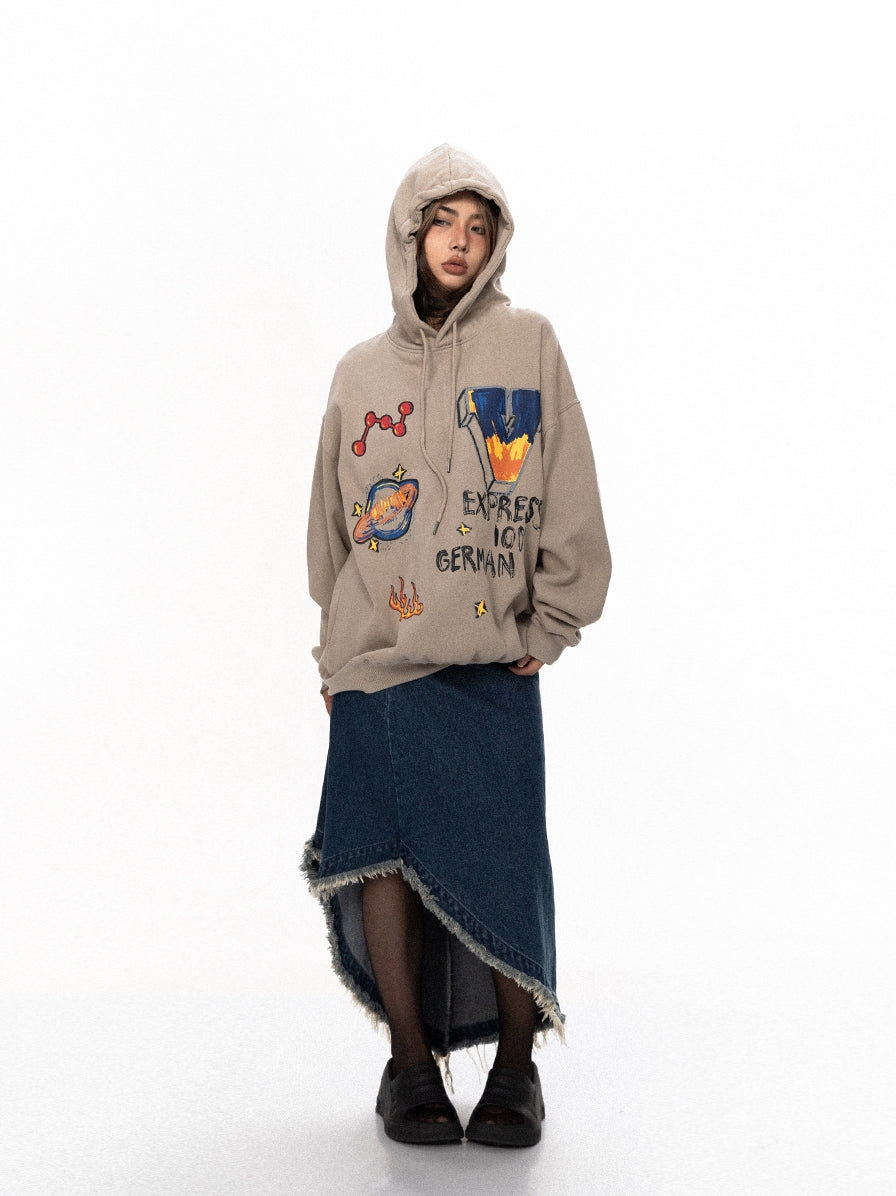 BLACKBB Loose Fleece Cartoon Print Hoodie