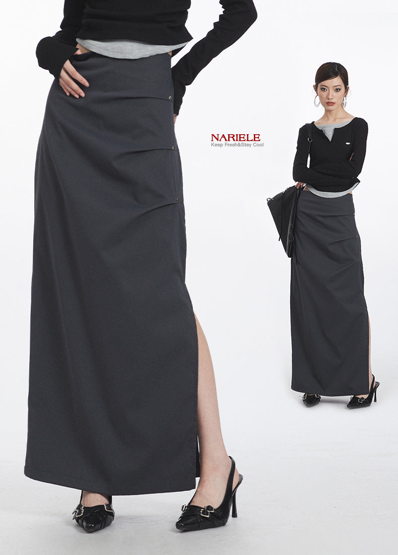 Nariele Retro Ruffle Design Side Slit Midi Long Skirt