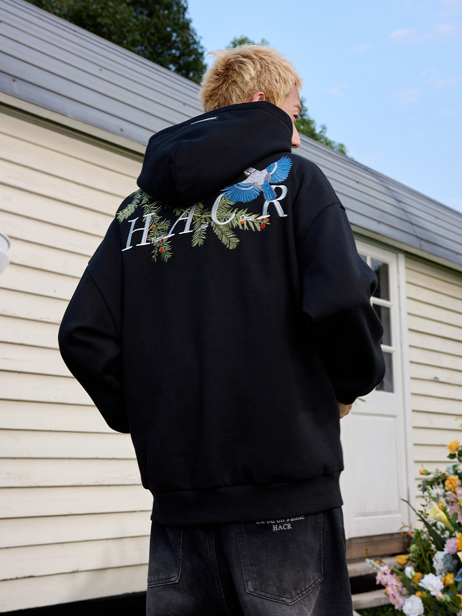 Harshandcruel Chinese Pine Needle Flying Bird Over-the-shoulder Embroidered HACR Hoodie