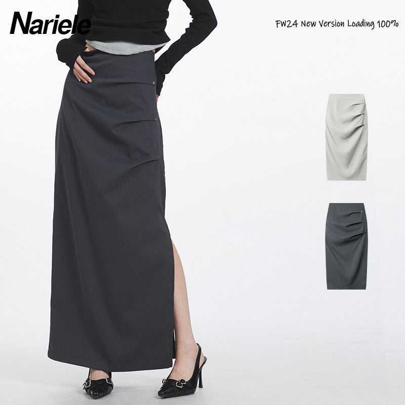 Nariele Retro Ruffle Design Side Slit Midi Long Skirt