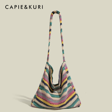 CAPIE&KURI Rainbow Sea Knit Tote Bag Large Capacity Commuter Shoulder Bag