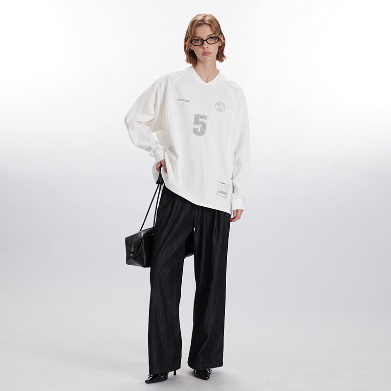 Nariele Unisex American Retro V Neck Sports letter print top long sleeve Pullover Sweatshirt