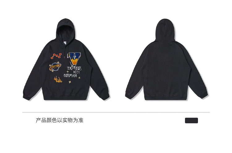 BLACKBB Loose Fleece Cartoon Print Hoodie