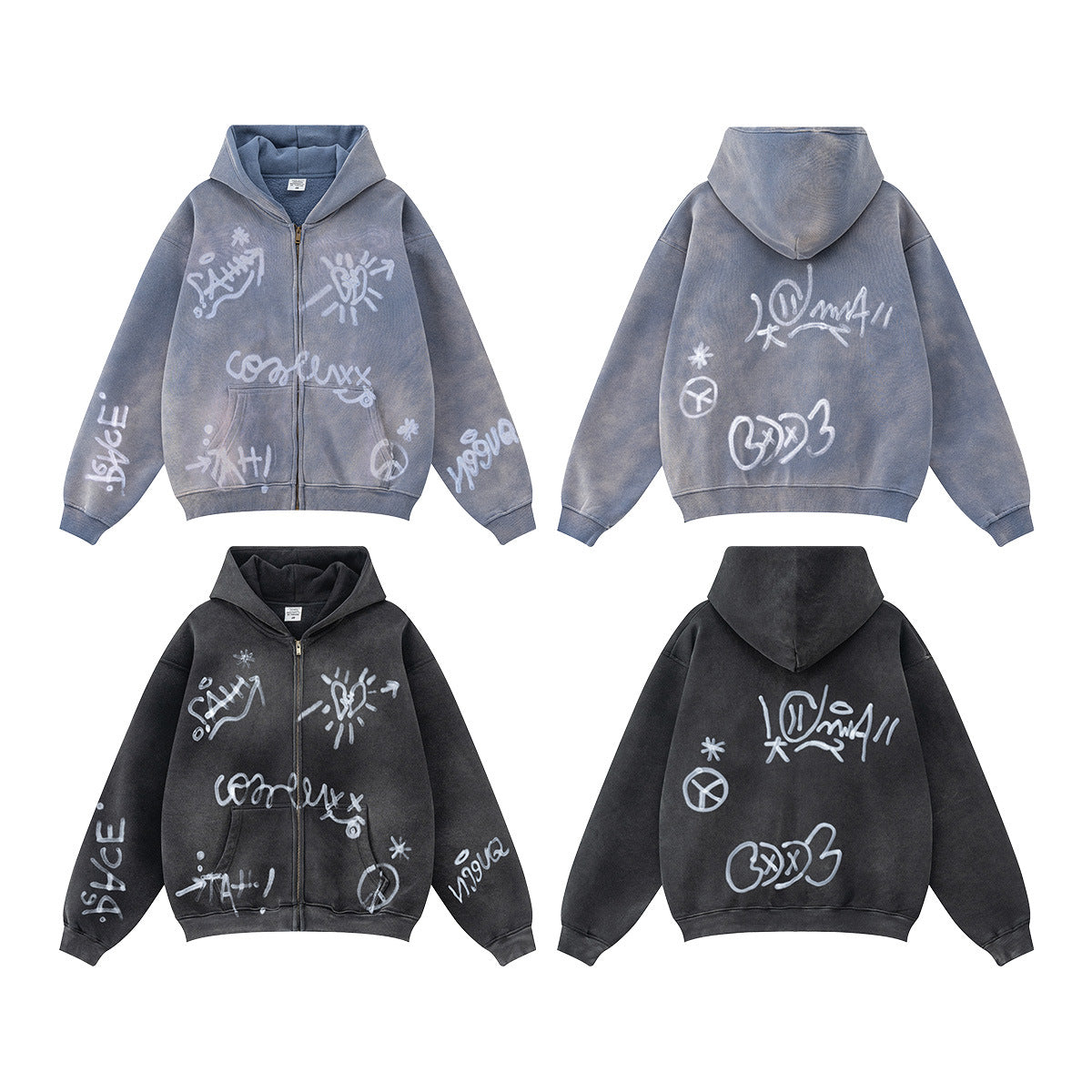 BE Winter Graffiti مرسومة يدويًا على هوديي بسحاب