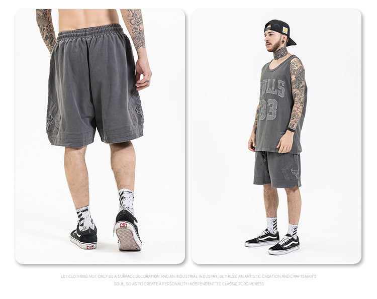 FORGIVNESS  Washed Distressed Retro Bull Head Embroidery Basketball Short