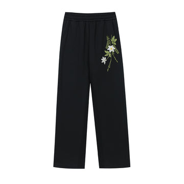 Harshandcruel draped floral embroidered elastic wide-leg straight-leg casual sweatpants