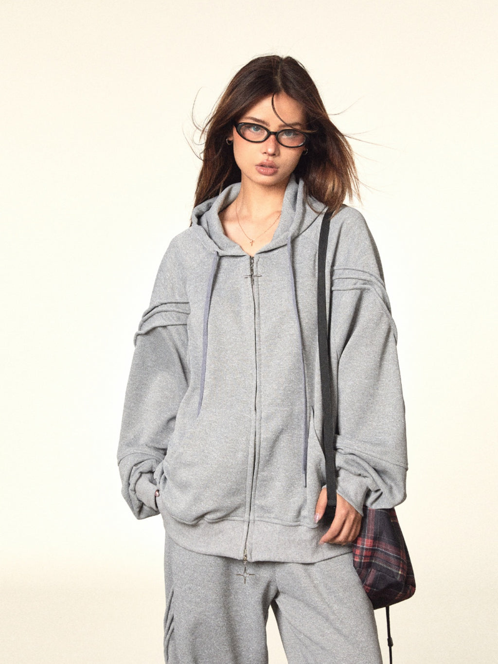 BLACKBB Lazy Hooded Long Sleeve Zip Up Set Elastic Waist Sweatpants