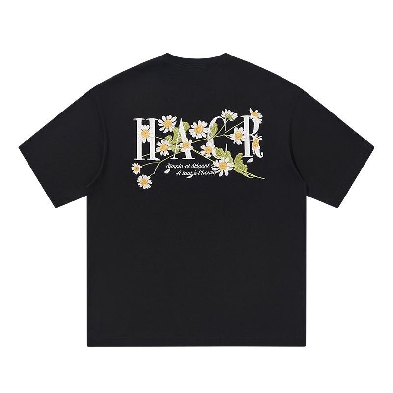 harshandcruel ] floral typography, heavy-duty embroidered tee