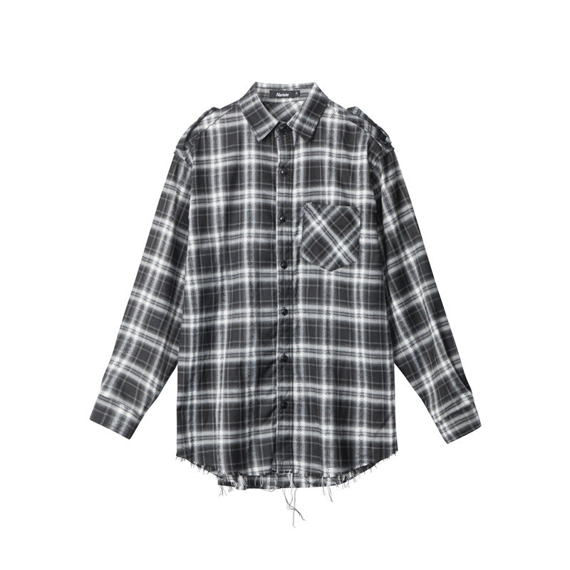 Nariele Plaid Shirt Long Sleeve Niche Design Unisex Shirt with Edges Loose Retro Top