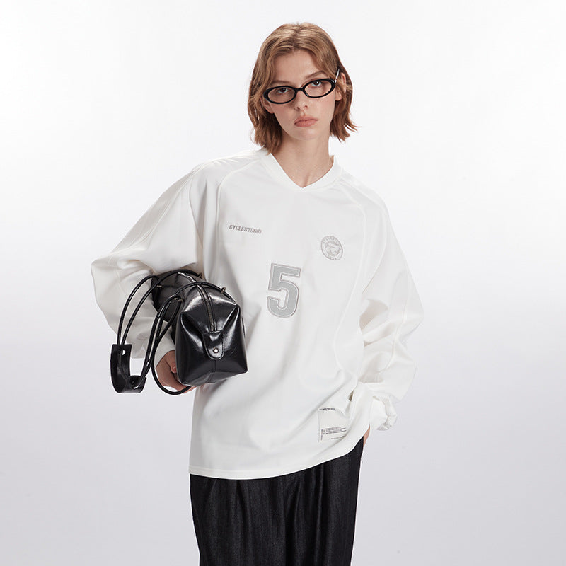 Nariele Unisex American Retro V Neck Sports letter print top long sleeve Pullover Sweatshirt