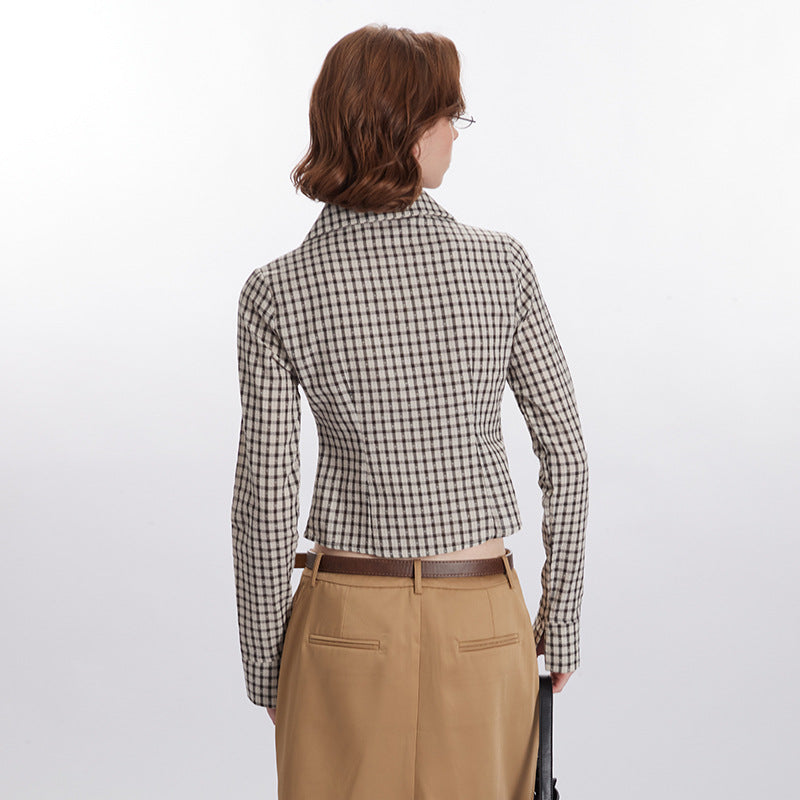 Nariele Plaid Ruffle Design New Shirt Long Sleeve Women's Crop Slim Shirt Girl Style Top