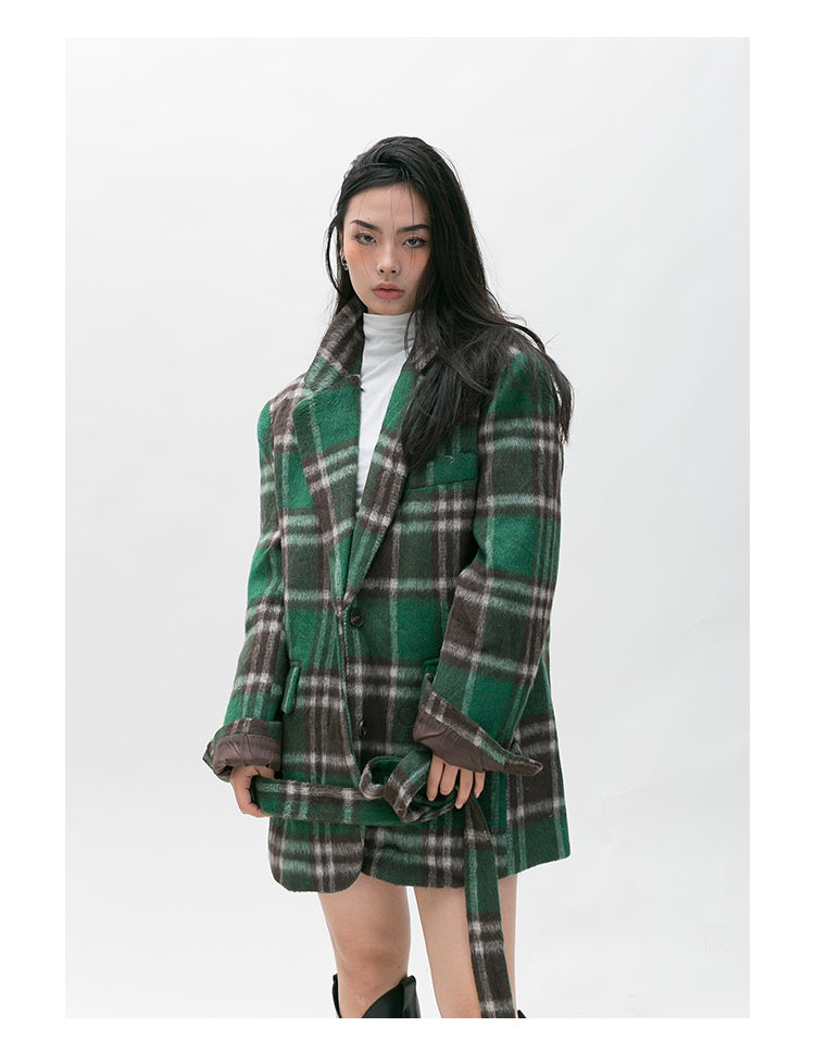 BLACKBB Loose Vintage Green Check Tweed Blazer Coat
