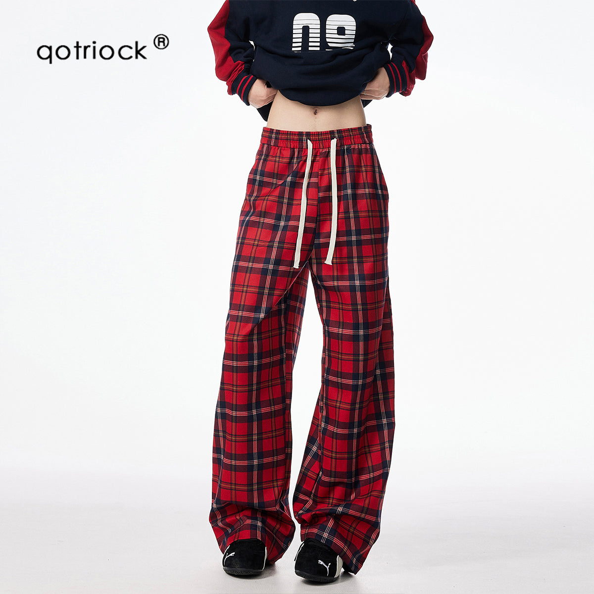 Qotriock Retro Red Plaid Loose straight-leg sweatpants