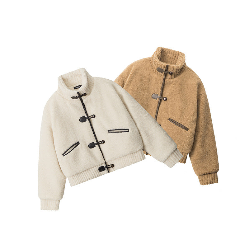 Nariele Stand Collar Padded Short Wool Fleece Cotton Jacket