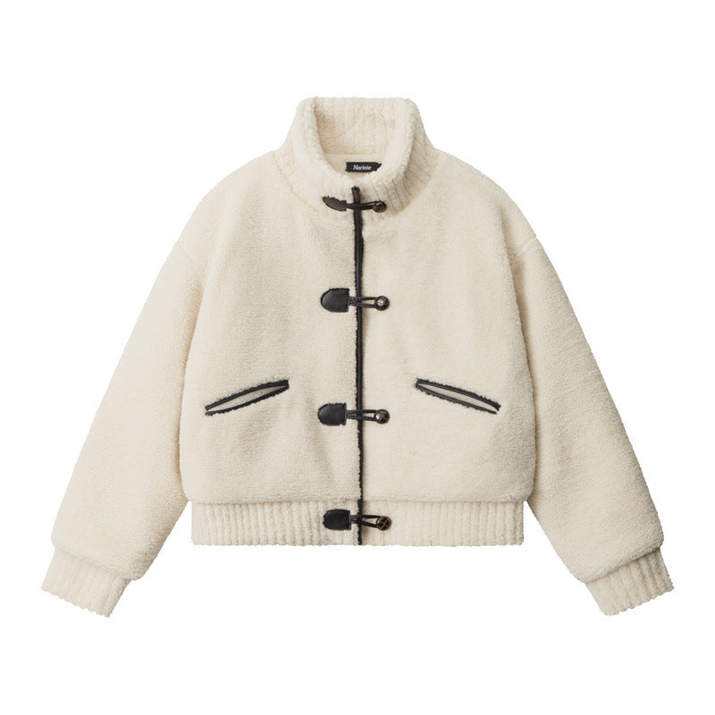 Nariele Stand Collar Padded Short Wool Fleece Cotton Jacket