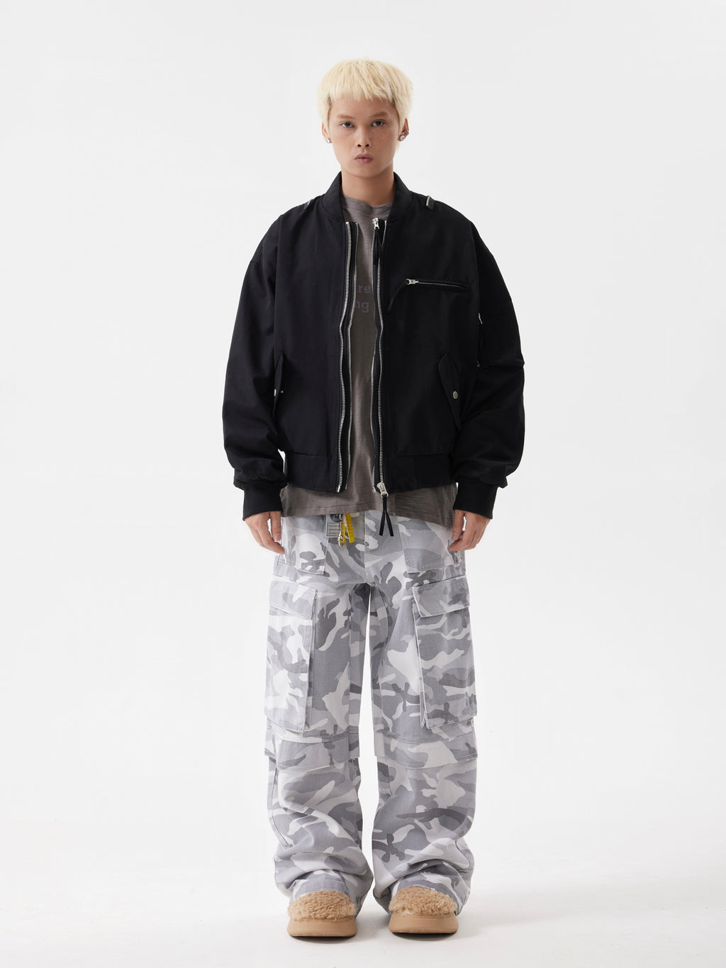 BTSG Heavy Duty Double Zipper Multi Pocket Cropped Bomber Jacket