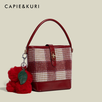 CAPIE &KURI Tweed Bucket Bag Red Plaid Luxury Purse Women's Shoulder Crossbody Bag