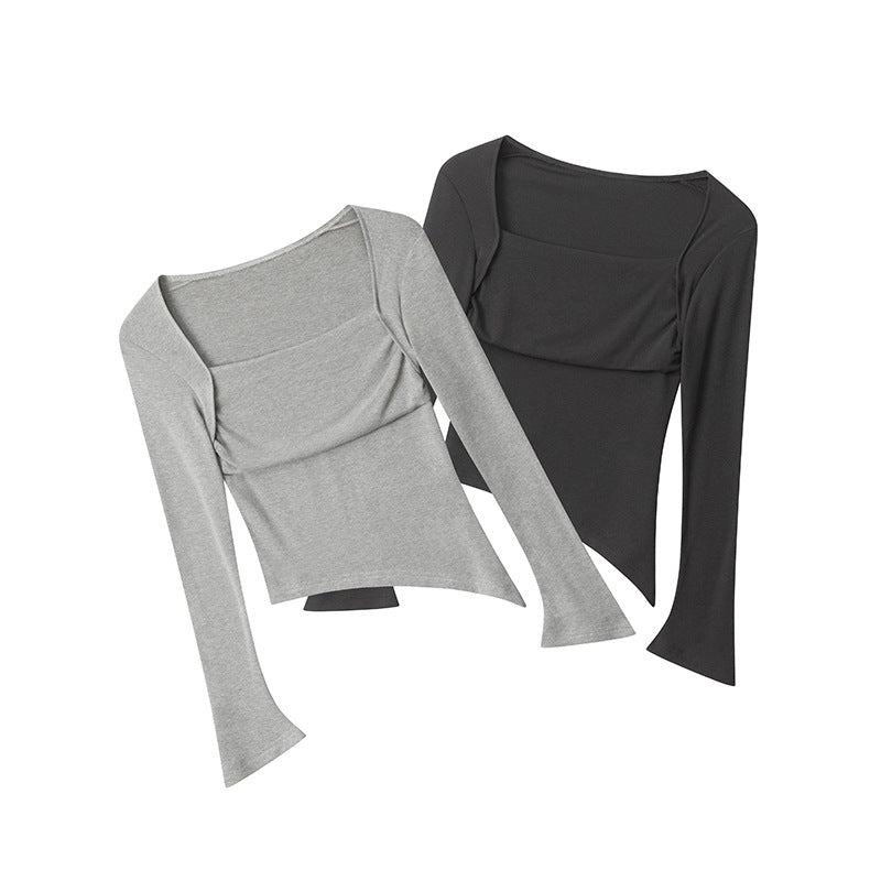 Nariele Square Neck Solid Color Slim Fit Crop Top Irregular Hem Long Sleeve T-Shirt