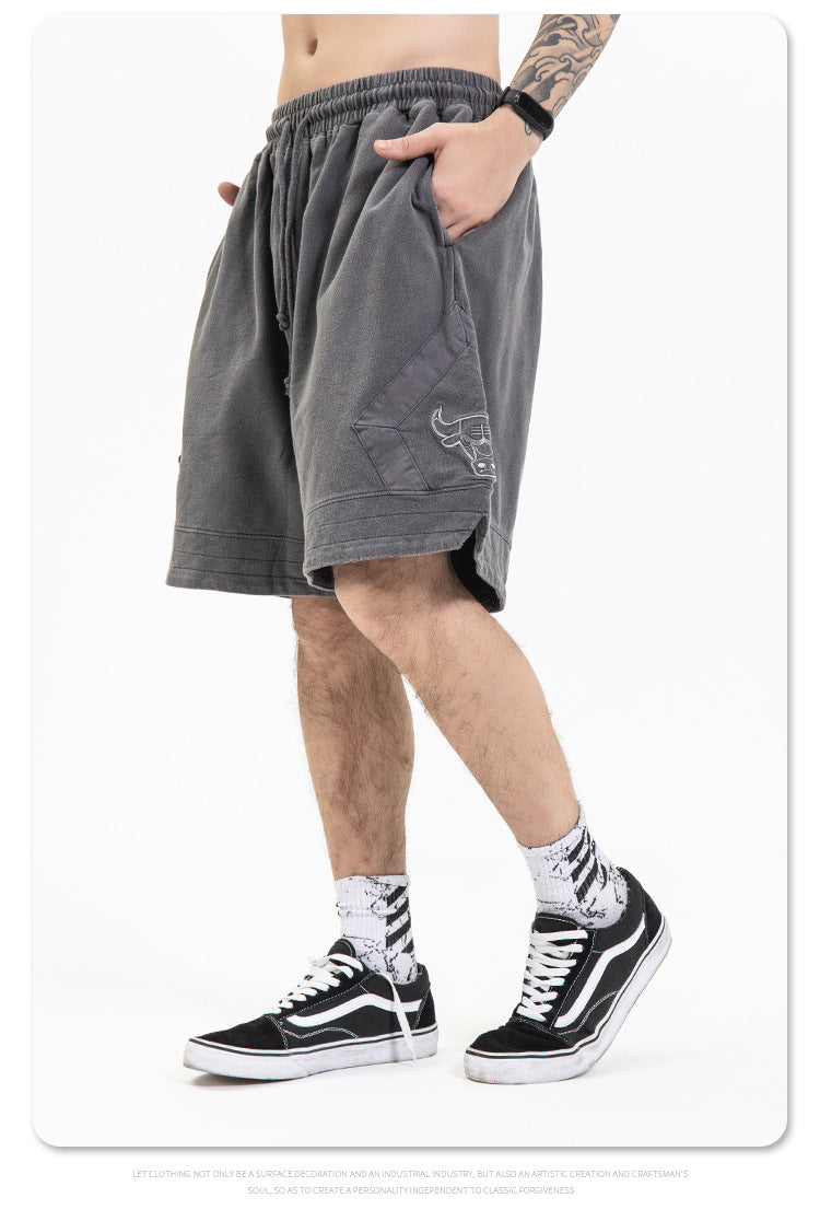 FORGIVNESS  Washed Distressed Retro Bull Head Embroidery Basketball Short