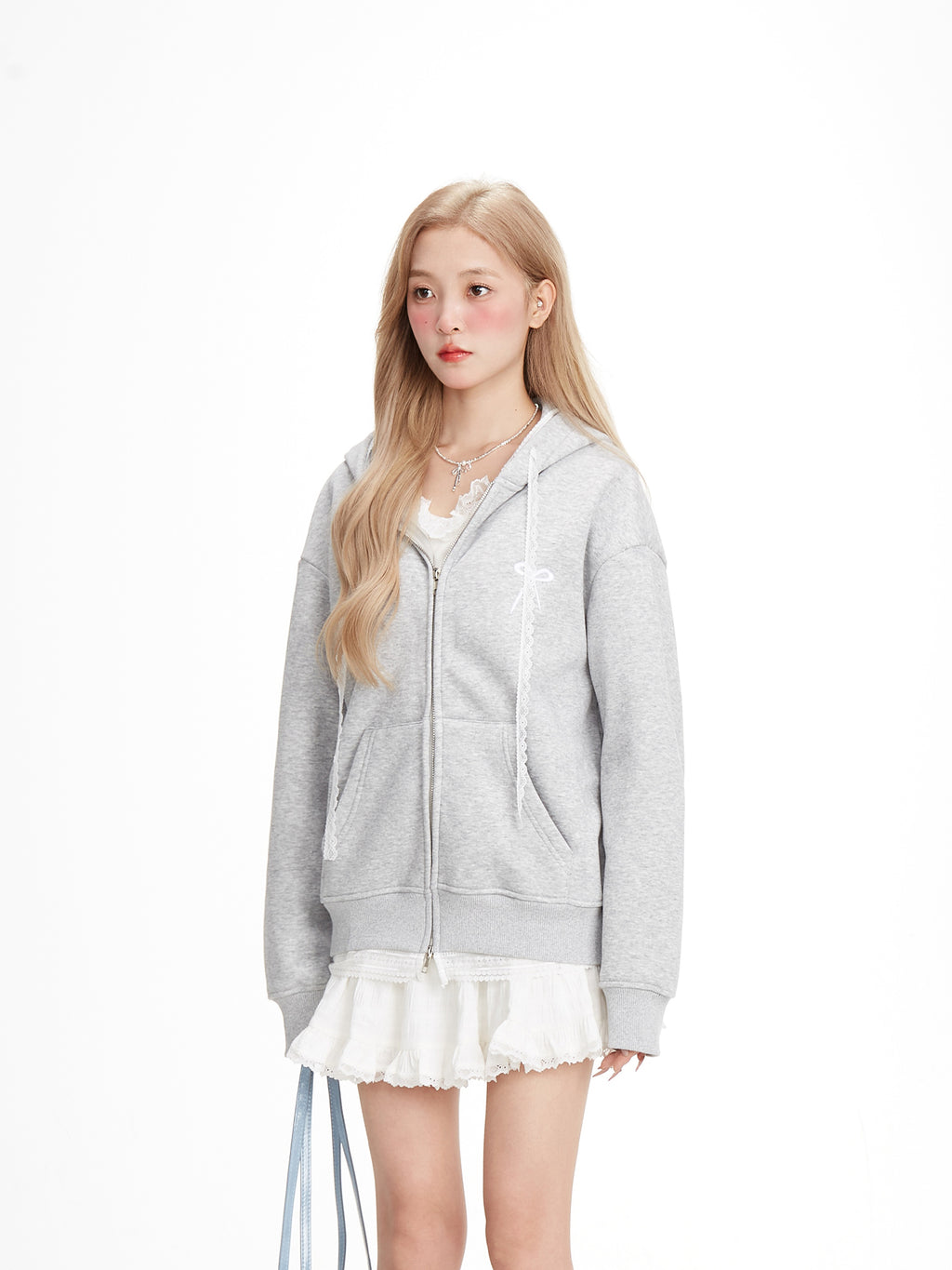 NERESUM lace stitching fake two-piece fleece zipper hoodie lazy style sweet cool design jacket