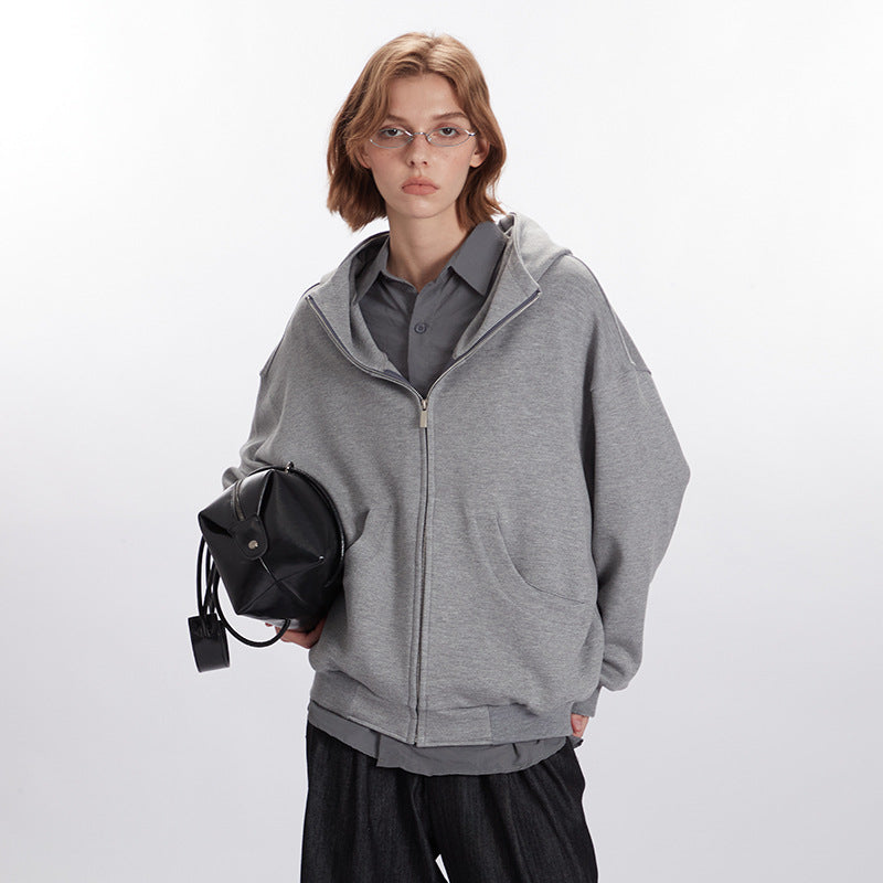 Nariele Retro Style Heavy Hoodie Trendy Zipper Solid Color Jackets